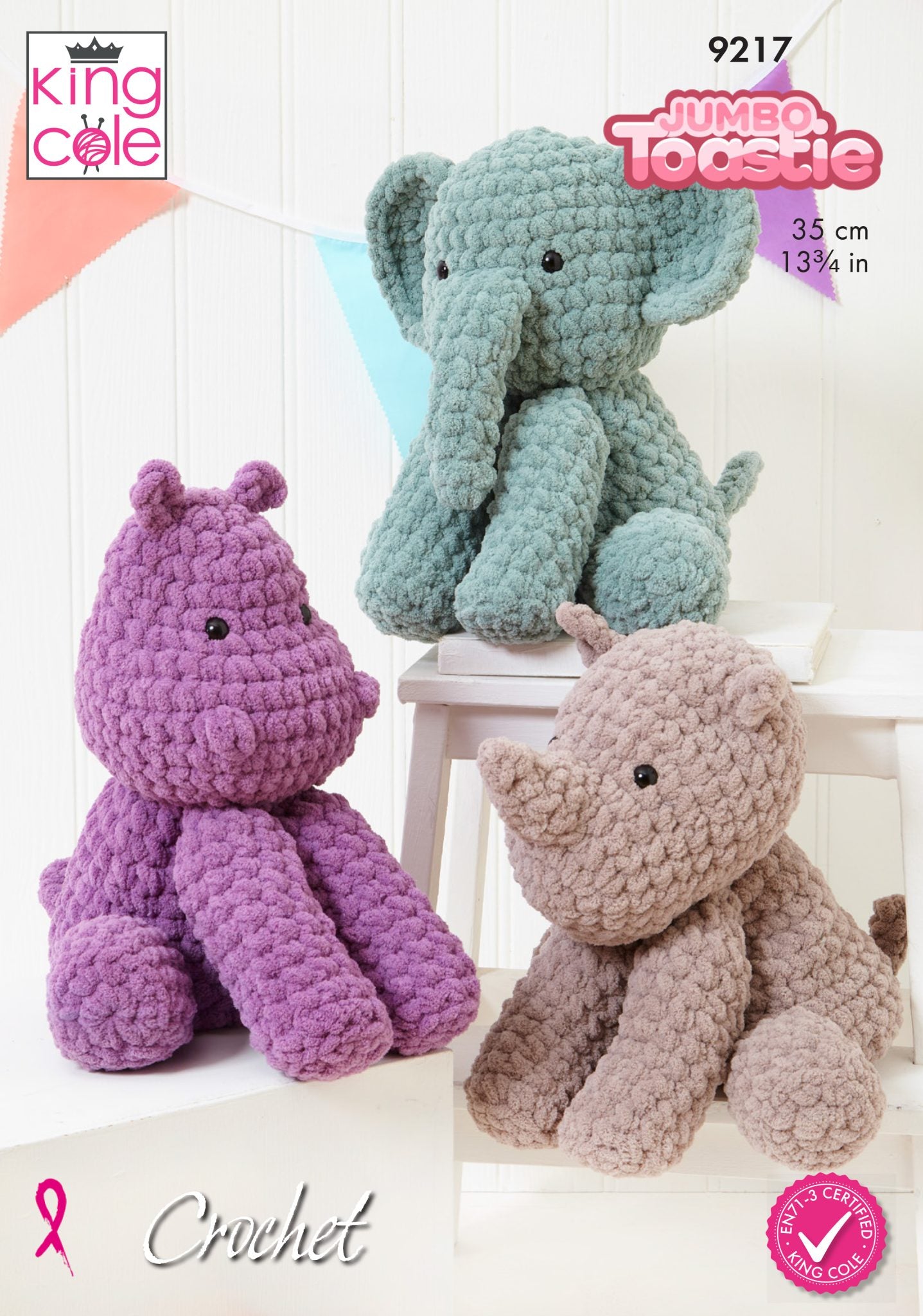 Elephant, Hippo and Rhino Toys crocheted in Jumbo Toastie King Cole Pattern 9217