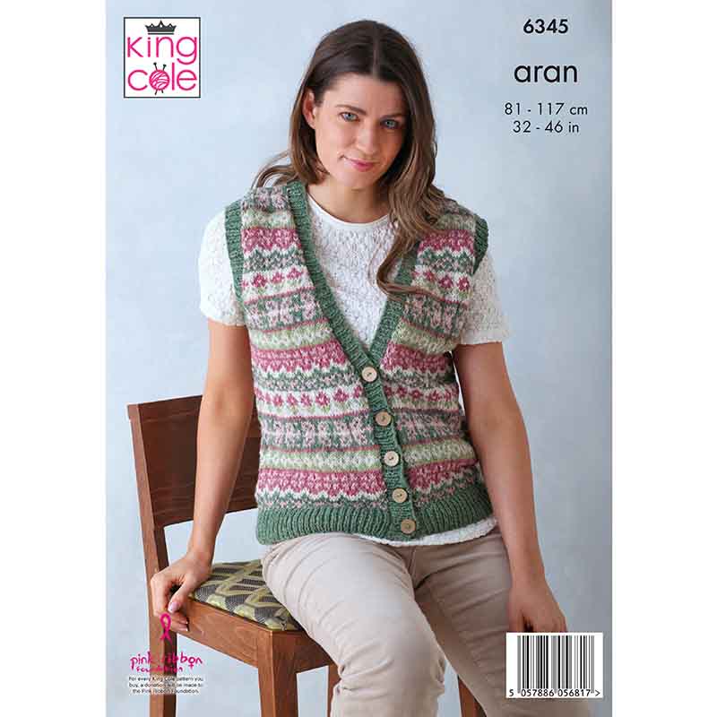 Cardigan and Waistcoat Top knitted in Forest Aran
King Cole Pattern 6345