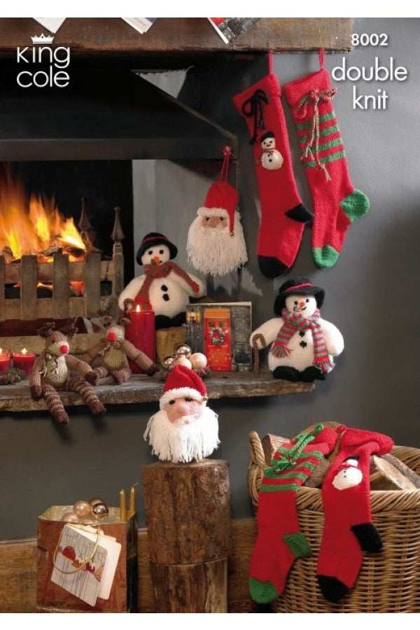 Snowman, Santa Head, Rudolf and Christmas Stockings Knitted with Various Sizes King Cole DK
King Cole Pattern 8002