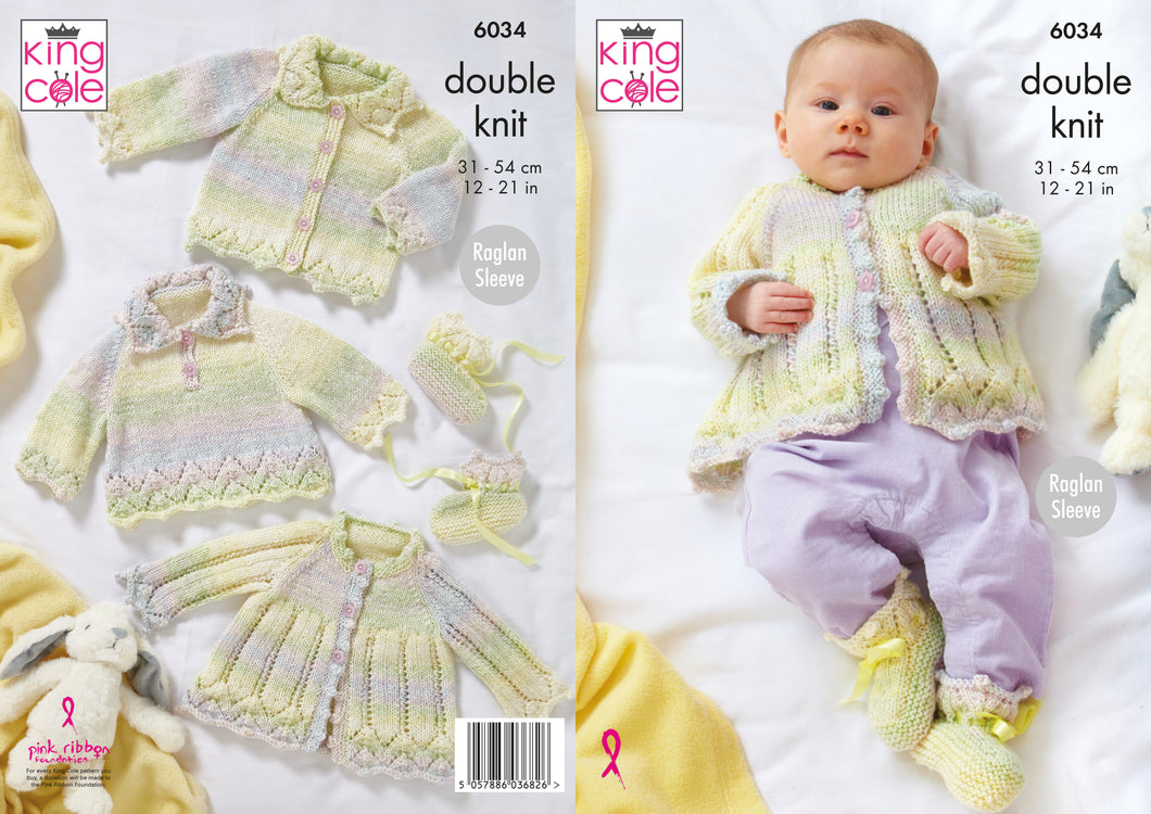 Overtop, Cardigan, Matinee Jacket & Bootees Knitted in Cutie Pie DK 6034
