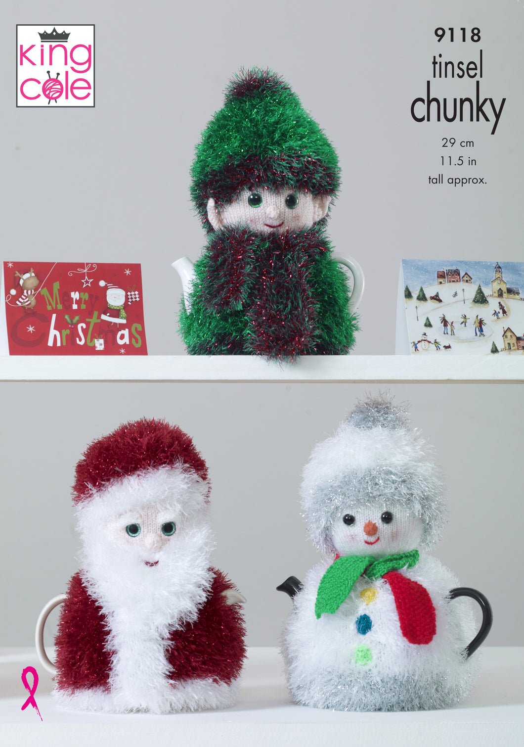 Christmas Tea Cosies Knitted in Tinsel Chunky & Dollymix DK 9118