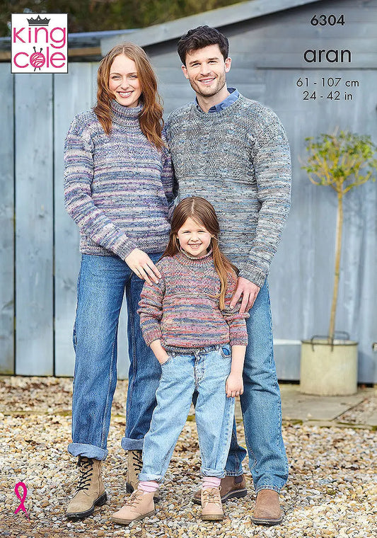 Family Sweaters knitted in Homespun Prism Aran King Cole Pattern 6304