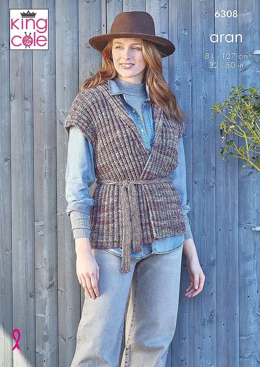 Jacket and Gilet knitted in Homespun Prism Aran King Cole Pattern 6308