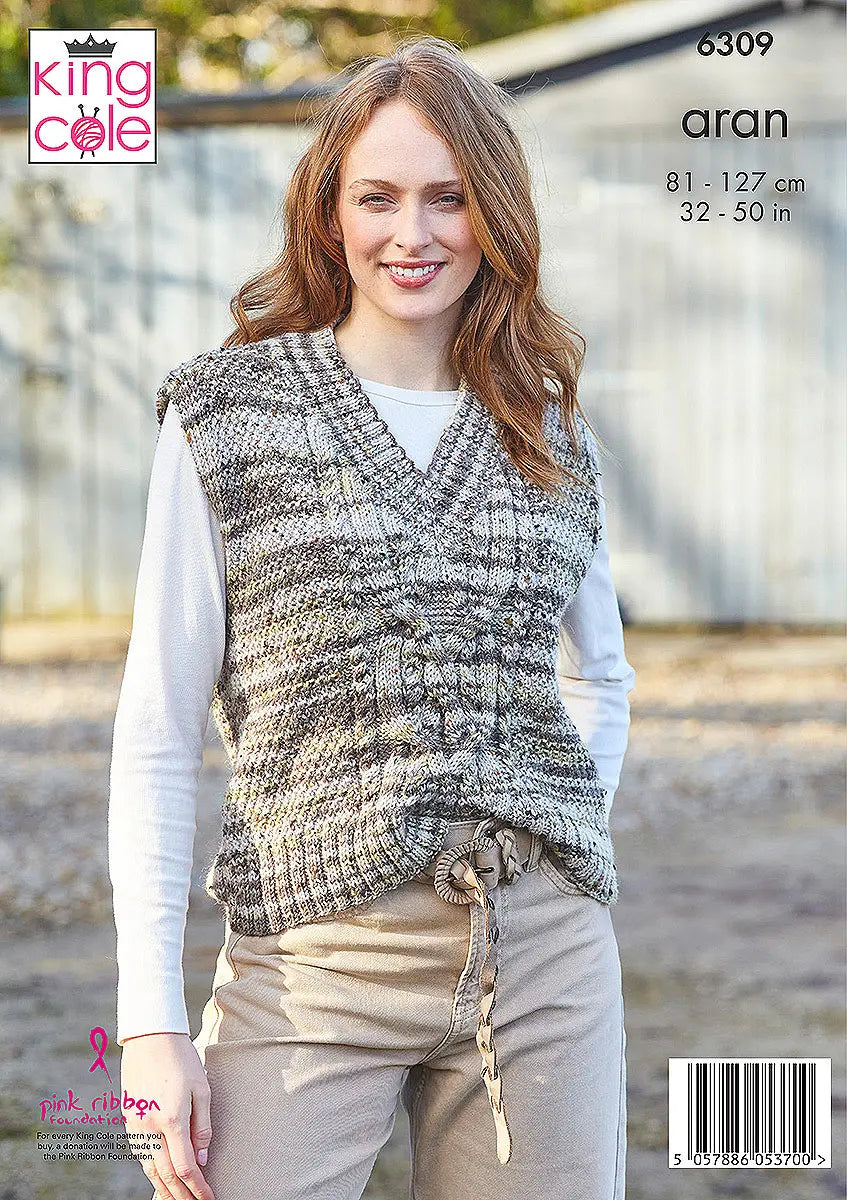 Ladies Round and V Neck Tanks knitted in Homespun Prism Aran King Cole Pattern 6309
