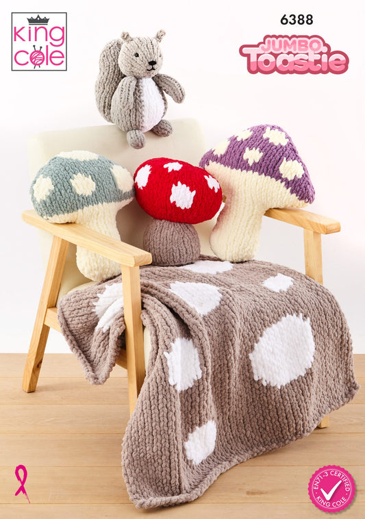 Toadstool Cushions, Door Stop, Blanket and Squirrel Toy knitted in Jumbo Toastie King Cole Pattern 6388