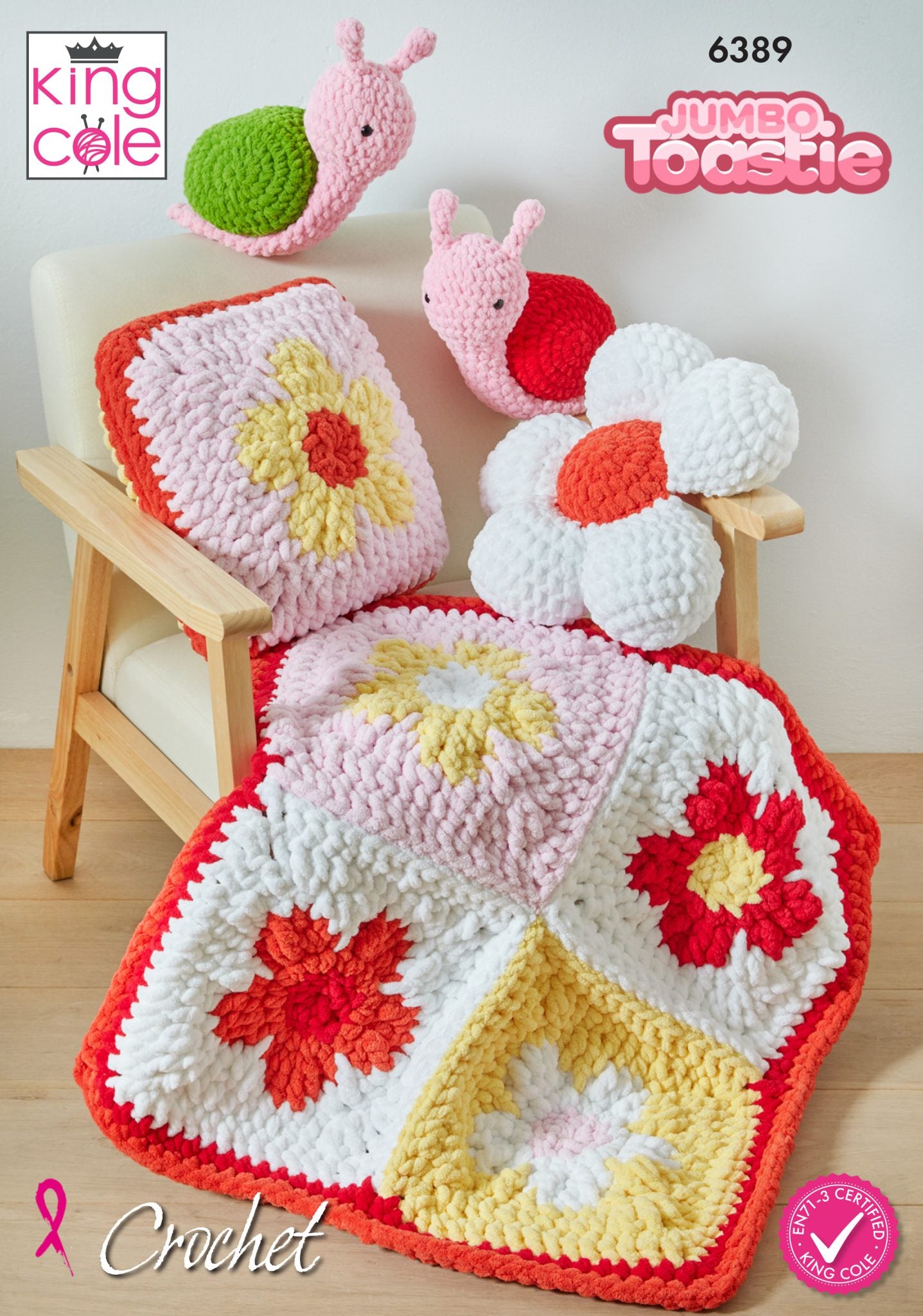 Flower Cushions, Blanket and Snail Toy Crocheted in Jumbo Toastie King Cole Pattern 6389