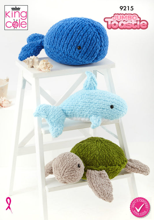 Whale, Shark and Turtle Toys knitted in Jumbo Toastie King Cole Pattern 9215
