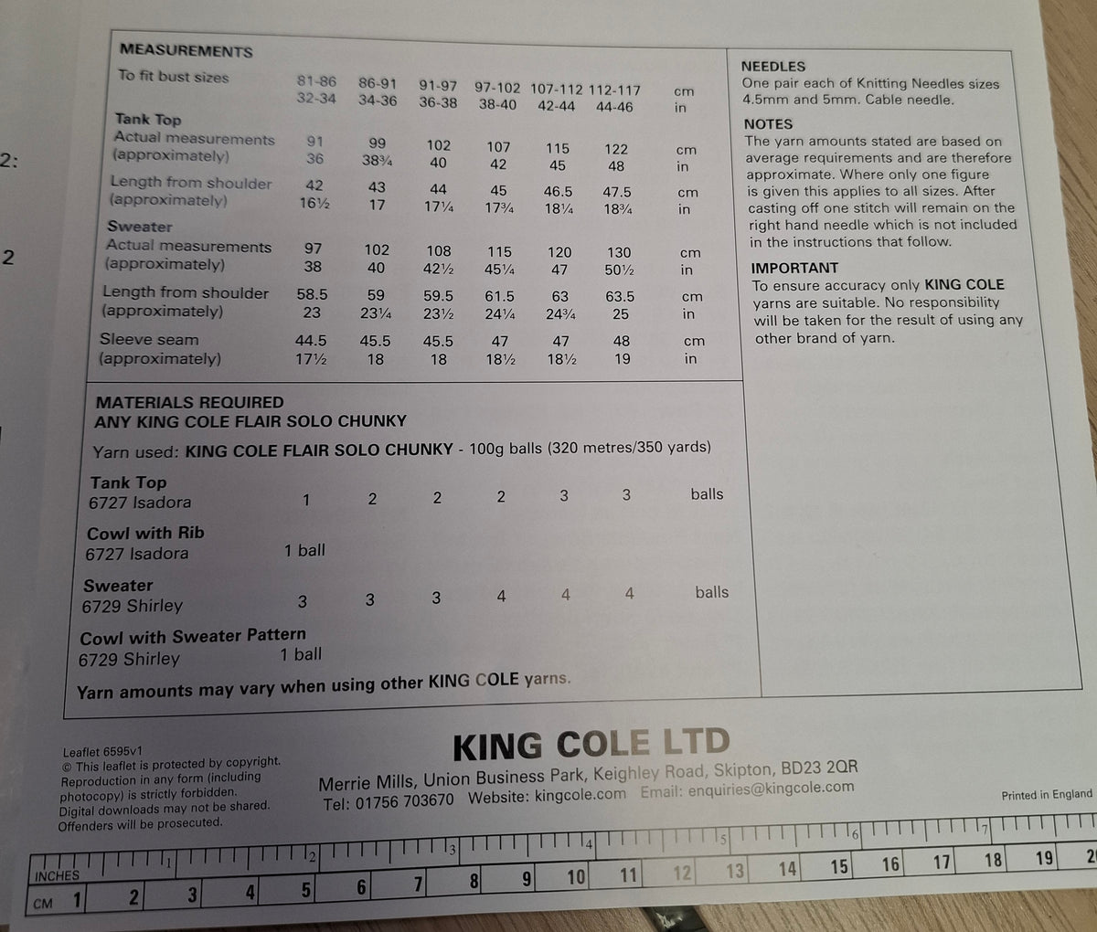 Cable Sweater Knitting Kit – King Cole Flair Solo Chunky – 4 Balls – Pattern 6595