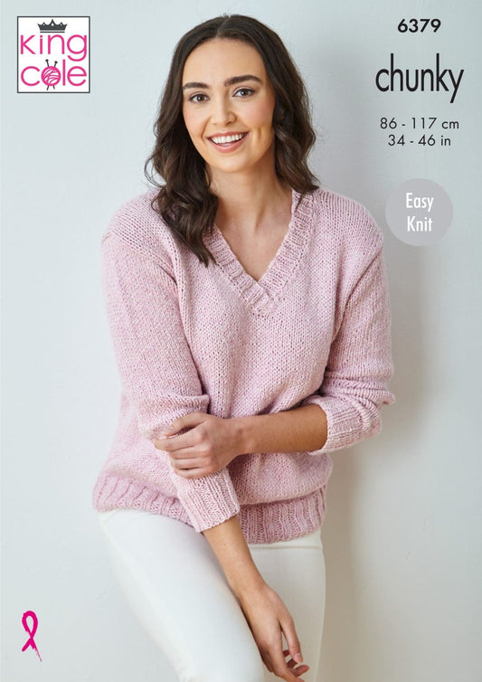 V Neck Sweater and Top knitted in Simply Denim Chunky
King Cole Pattern 6379